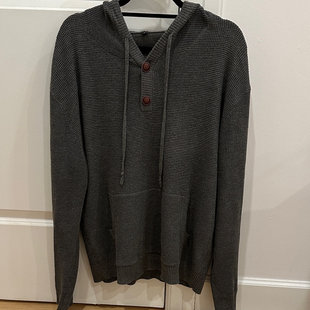 Gray Hooded Sweater with Button Detail